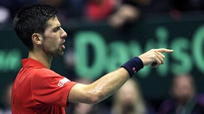 Novak Djokovic of Serbia reacts during the tennis match against Mikhail Kukushkin of Kazakhstan in the Davis Cup World Group first round tie on Sunday. Koca Suleimanovic/ EPA / March 6, 2016