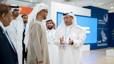 Sheikh Mohamed visits the Saudi Arabia Pavilion. Seen with Dr Al Jaber. Rashed Al Mansoori / UAE Presidential Court