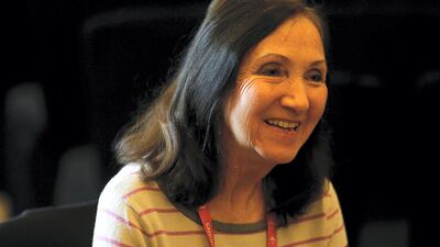 Dr Jane Hawking gestures during the interview at the Book Festival in Dubai. Satish Kumar for The National