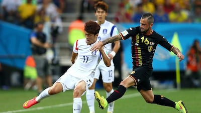 Lee Chung-Yongof South Korea shown just before he is fouled by Steven Defour of Belgium, resulting in a red card for Defour, during their match on Thursday at the 2014 World Cup in Sao Paulo, Brazil. Clive Brunskill / Getty Images