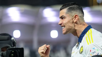 Cristiano Ronaldo celebrates scoring his team's third goal in a 4-2 Saudi Pro League win over Al Shabab at King Fahd Sports City Stadium in Riyadh on May 7, 2026. AFP