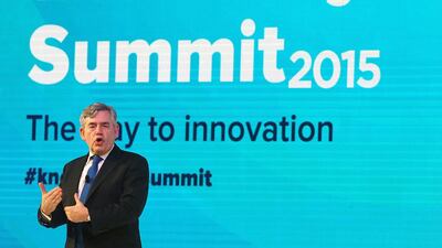 Gordon Brown, former prime minister of Britain, addresses the Knowledge Summit 2015 in Dubai on Monday. Satish Kumar / The National