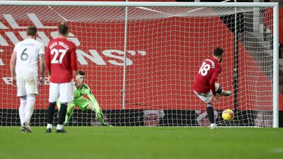 Bruno Fernandes of Manchester United scores from the penalty spot. AFP