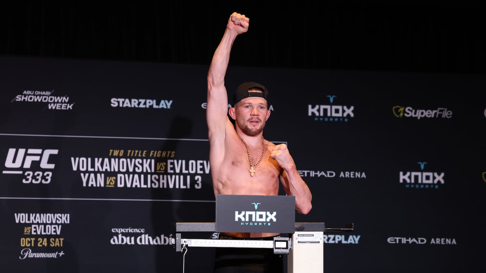 Petr Yan at the October 23, 2026 UFC 333 official weigh-in in Abu Dhabi
