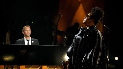 Chris Martin and Brittany Howard perform during the 63rd annual Grammy Awards ceremony broadcast live from the Staples Center in Los Angeles. AFP