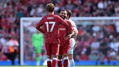 Curtis Jones of Liverpool celebrates scoring his team's first goal with an assist from Mohamed Salah. Getty Images
