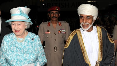 Oman's Sultan Qaboos bin Said welcomes Britain's Queen Elizabeth II upon her arrival at Muscat in 2010. Sultan Qaboos, who ruled Oman for almost half a century, has died at the age of 79. AFP