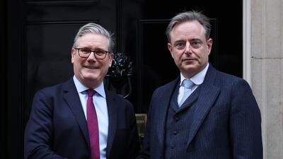 British Prime Minister Keir Starmer welcoming his Belgian counterpart Bart De Wever to Downing Street, in London, on Friday. EPA