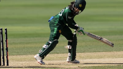 Pakistan's Gull Feroza is bowled by India's Renuka Singh Thakur. AP