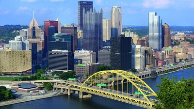 Downtown Pittsburg, as viewed from the observation deck at the Duquesne Incline Upper Station, looking across the Monongahela River. The Steel City, so called because of its steel-industry past, boasts a total of 446 bridges. iStockphoto.com