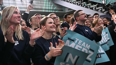 Supporters of Friedrich Merz, leader of Germany's conservative Christian Democratic Union and his party's candidate for Chancellor attend the electoral evening in Berlin on February 23. AFP