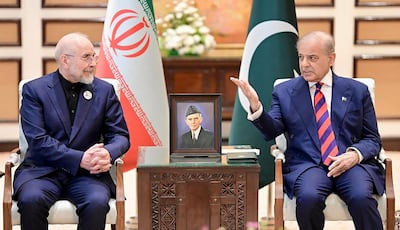 Pakistan's Prime Minister Shehbaz Sharif meeting Iran's parliamentary speaker Mohammad Bagher Ghalibaf in Islamabad. AFP