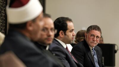 Rabbi M Bruce Lustig, Senior Rabbi at the Washington Hebrew Congregation listens to Prof Mohamed El Mahrassawy. EPA