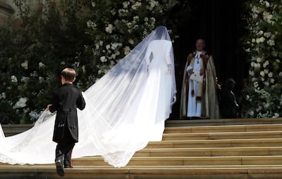 Meghan Markle arrives at St George's Chapel at Windsor Castle for her wedding to Prince Harry. Brian Lawless / Getty Images.