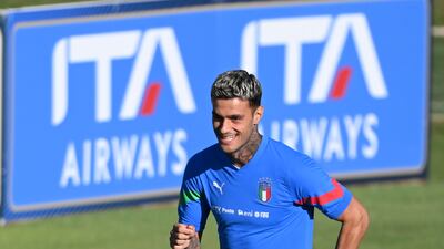 Gianluca Scamacca of Italy during a training session. Getty