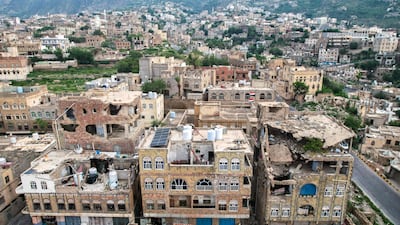 Damaged buildings in the city of Taiz. AFP