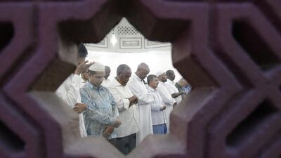 Prayers at Bin Dalmook mosque along Al Road road in Deira. Jeffrey E Biteng / The National