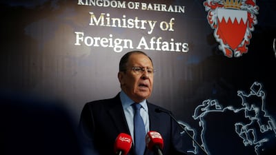Russian Foreign Minister Sergei Lavrov speaks at a news conference in Manama, Bahrain, on Tuesday. Reuters