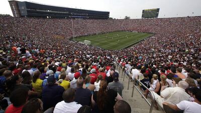 A wide view of Michigan Stadium in Ann Arbor, Michigan, US on Saturday of the record crowd in attendance to see Manchester United and Real Madrid play in the International Champions Cup. Paul Sancya / AP