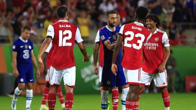 Chelsea winger Hakim Ziyech hakes hands with Albert Sambi Lokonga of Arsenal following the Florida Cup match. Getty