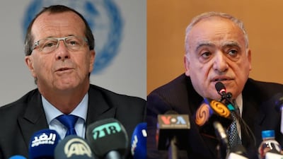 Outgoing UN special envoy to Libya, Martin Kobler (L) and his successor, Lebanon's former culture minister Ghassan Salame. Twenty-eight other candidates rejected the job as "mission impossible". Fethi Belaid / AFP and Lynn Bo Bo / EPA