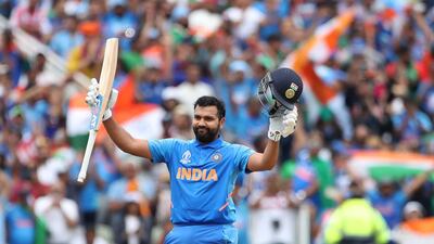 India's Rohit Sharma celebrates his hundred against Bangladesh. AP Photo