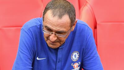 LONDON, ENGLAND - AUGUST 05: Maurizio Sarri, Head Coach of Chelsea reacts following his side's defeat during the FA Community Shield between Manchester City and Chelsea at Wembley Stadium on August 5, 2018 in London, England. (Photo by Michael Regan/Getty Images)