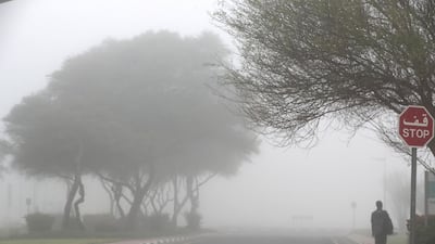 Early morning fog in the Discovery Gardens area in Dubai. Pawan Singh / The National