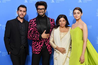 From left to right: Ritesh Sidhwani, Ranveer Singh, Zoya Akhtar and Alia Bhatt pose at the 'Gully Boy' photocall. Getty Images