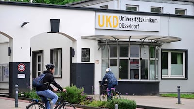 The entrance to the University Hospital in Dusseldorf, where a 65-year-old German woman passenger was taken for treatment. AFP