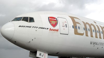 An Emirates Boeing 777-200LR with Arsenal's logo. Getty Images