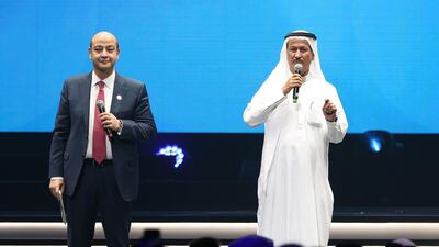 Amr Adeeb with Hussain Sajwani representing DAMAC Foundation at the Arab Hope Makers initiative. Chris Whiteoak / The National