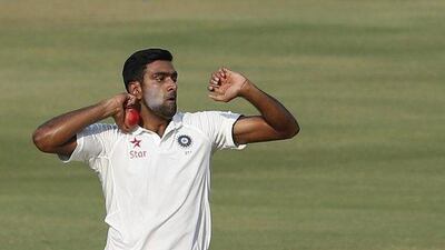 India's Ravichandran Ashwin bowls during the fourth day of the cricket Test match against Bangladesh in Hyderabad, India, on February 12, 2017. Aijaz Rahi / AP