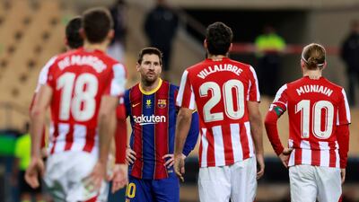 Barcelona's Lionel Messi after being sent off for the first time in his career in his team's Spanish Super Cup defeat against Athletic Bilbao at the Estadio La Cartuja de Sevilla on Sunday, January 17. Reuters