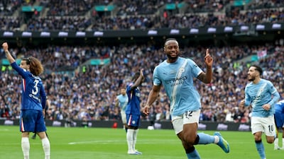 Manchester City's Antoine Semenyo celebrates after scoring during the FA Cup final against Chelsea at the Wembley Stadium. EPA