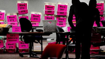 Empty boxes from Milwaukee's voting wards are seen the night of Election Day as absentee ballots are counted at Milwaukee Central Count in Milwaukee, Wisconsin. Reuters