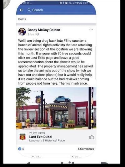 A Facebook post by what appears to be The Latino Circus's lion tamer asking for positive reviews for the show.