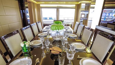 The yacht took two and a half years to build and has extravagant fittings such as taps costing Dh100,000 each, premium fabric and leather, countertops made of onyx and marble and a water feature that cascades from the rear sundeck into a spa bath.