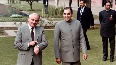 Mikhail Gorbachev with then Indian prime minister Rajiv Gandhi in New Delhi in 1986. AFP