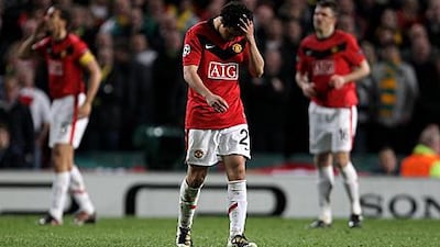 Manchester United's Rafael is sent off in the second-leg quarter final against Munich.