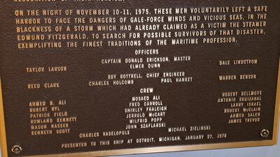 The plaque on Bell Island in Detroit dedicated to the sailors who went into a storm to those on the stricken SS Edmund Fitzgerald include many sailors whose origins lie in the Middle East. All photos: Stephen Starr