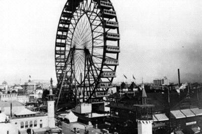 The first Ferris wheel, standing 79 metres tall and capable of carrying 1,400 people, looms over the 1893 World's Columbian Exposition in Chicago. AP