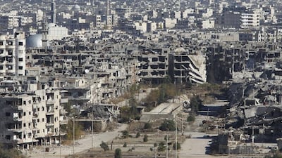 Al Qosour neighbourhood of Homs, Syria on December 8, 2015. Humanitarian aid has reached a besieged rebel-held area in the central Syrian city of Homs, part of a local ceasefire deal.. REUTERS/Omar Sanadiki