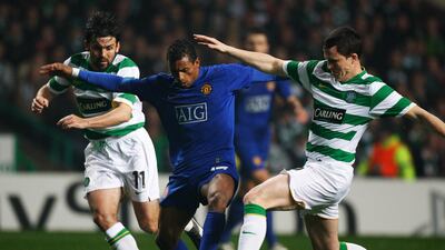 Paul Hartley and Gary Caldwell of Celtic battle for the ball with Nani of Manchester United during the UEFA Champions League Group E match at Parkhead on November 5, 2008 in Glasgow, Scotland. Getty Images