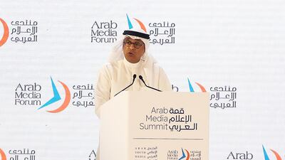 Jasem Al Budaiwi, Secretary General of the Gulf Co-operation Council, speaking at the Arab Media Forum on Tuesday. Pawan Singh / The National