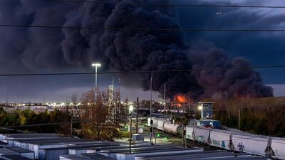 Smoke rises from the wreckage of a UPS cargo jet after it crashed on departure in Louisville, Kentucky. Reuters