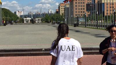 Nada Al Bedwawi, left, and Ali Al Shamsi, right, shown in Kazan, Russia during their time competing at the 2015 Fina World Championships for aquatics in swimming disciplines. Photo Courtesy / Speedo