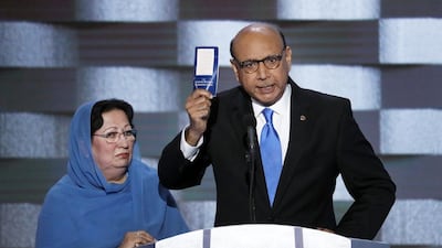 Khizr Khan, father of fallen US Army Capt Humayun S M Khan, holds up a copy of the US constitution in a speech before the Democratic National Convention in Philadelphia in 2016. AP