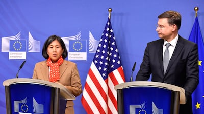 European Commission executive vice president Valdis Dombrovskis with US trade representative Katherine Tai in Brussels on Tuesday. AP