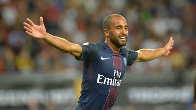 Paris Saint-Germain midfielder Lucas celebrates after scoring during the Trophee des Champions ‘super cup’ match between PSG and Lyon in Klagenfurt, Austria, on August 6, 2016. Samuel Kubani / AFP